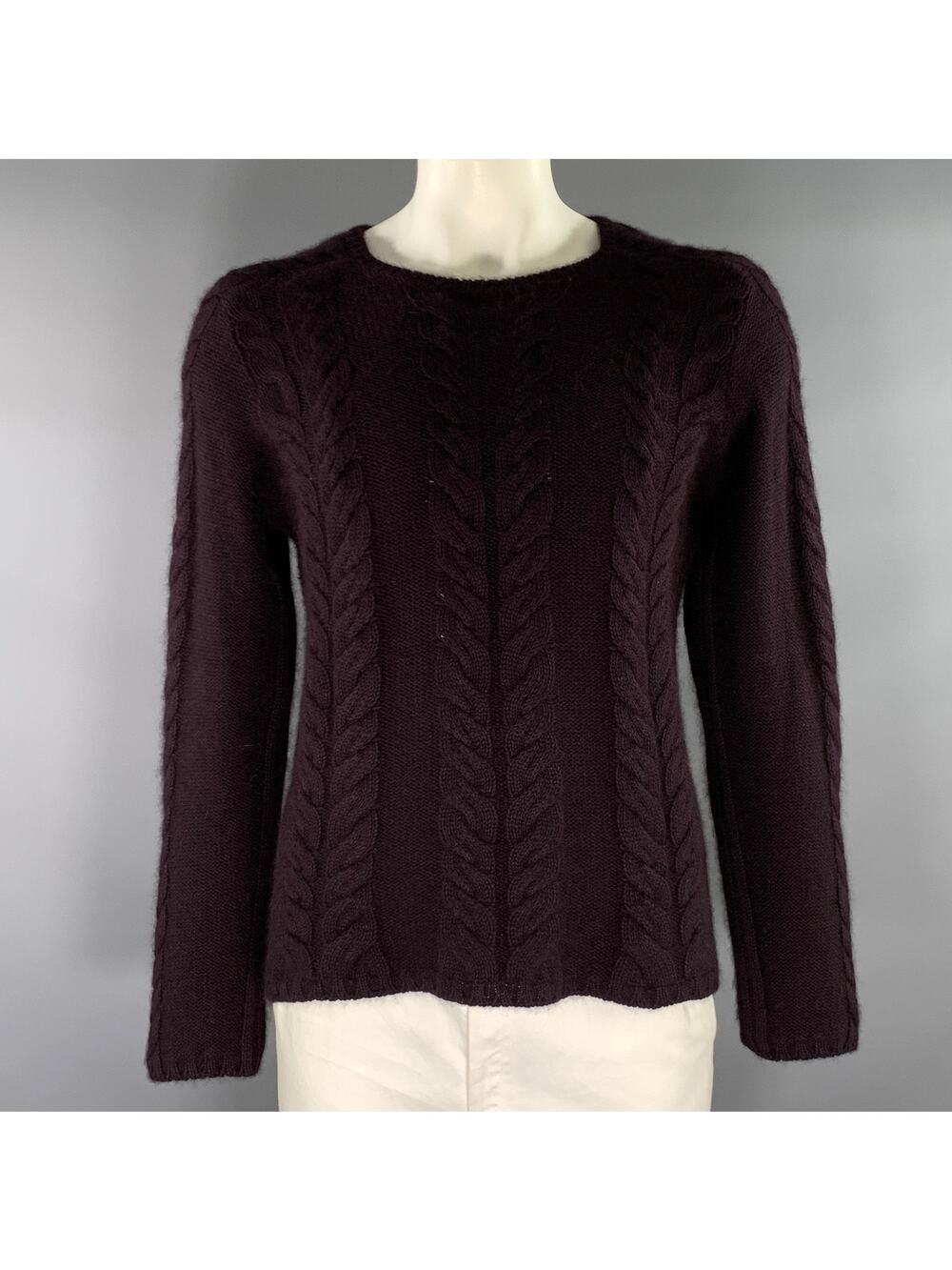 GUCCI Size L Burgundy Cable Knit Angora silk Crew Neck Sweater